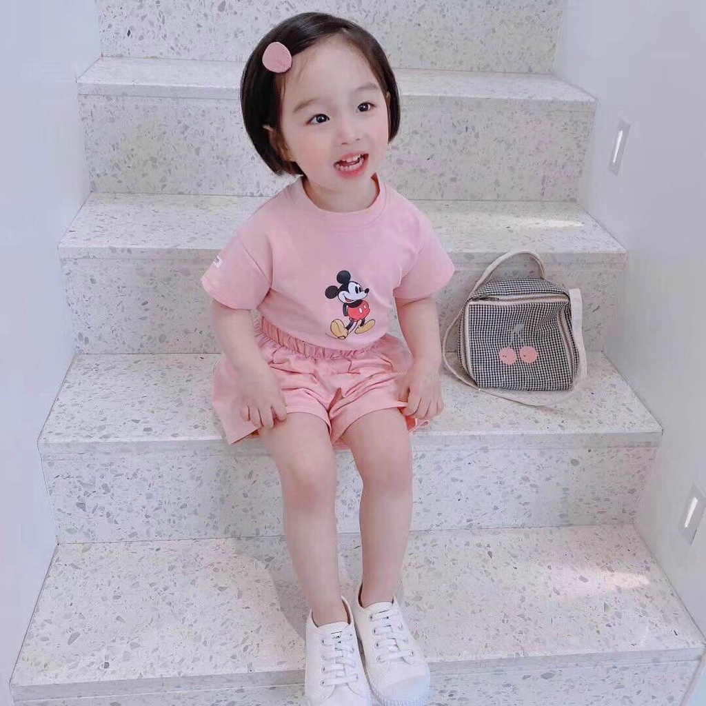Set Áo Thun Cotton Ngắn Tay + Quần Short Dáng Rộng In Họa Tiết Hoạt Hình Thời Trang Mùa Hè Cho Bé Gái
