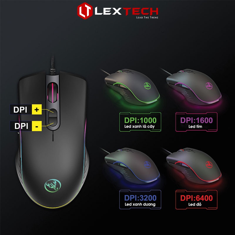 Chuột gaming máy tính có dây LexTech HXSJ 6400 DPI LED RGB 20 triệu click bền bỉ cho game thủ văn phòng laptop PC CA867