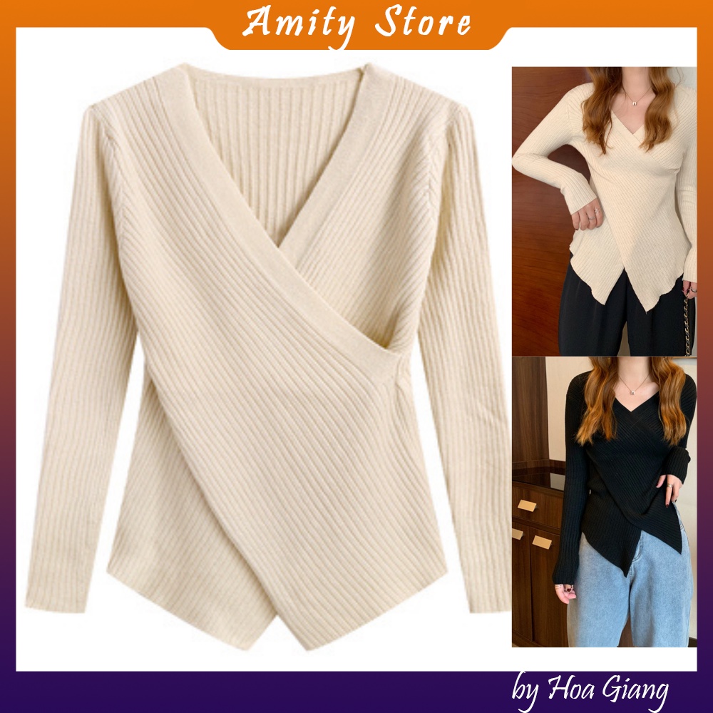 [Áo len nữ cổ V vạt chéo] Áo len dệt kim nữ dáng ôm hàng quảng châu | BigBuy360 - bigbuy360.vn