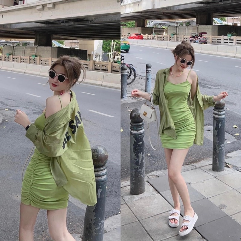 Set váy body 2 dây nhúm thân kèm áo sơ mi in lưng