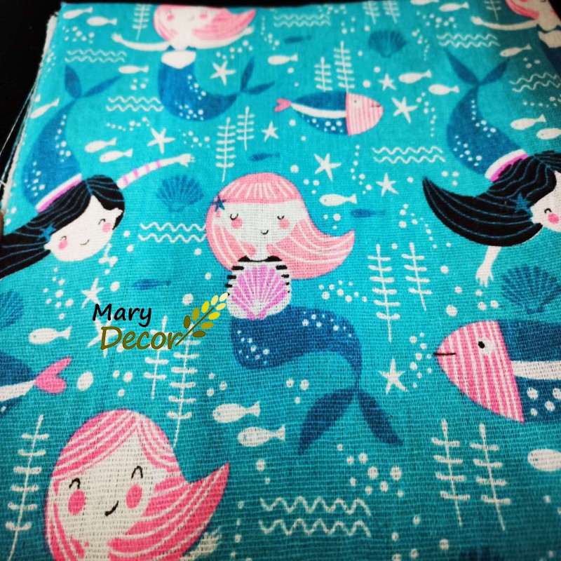 Vải bố linen đẹp trang trí nhà cửa phong thủy may mắn - họa tiết nàng tiên cá V-M09