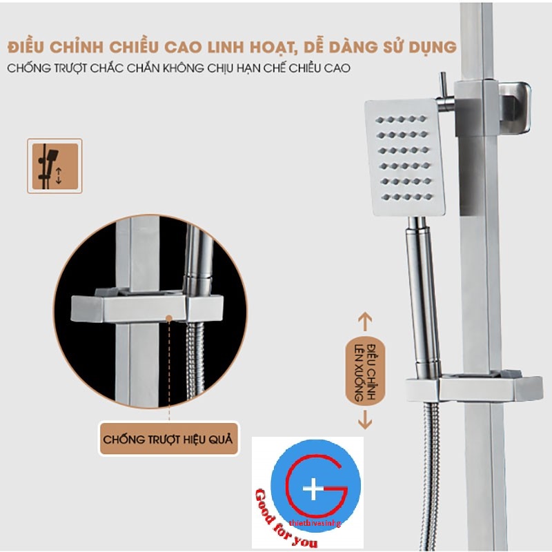 Bộ sen cây tắm nóng lạnh Inox SUS 304 vuông (Bảo hành toàn quốc 2 năm) Không chì rất an toàn