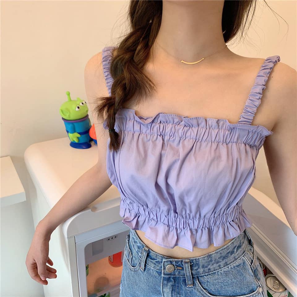 A015 Áo 2 dây nhún ngực viền bèo tiểu thư cute croptop ôm body tím trắng, áo crt ba lỗ hai dây Ulzzang bánh bèo