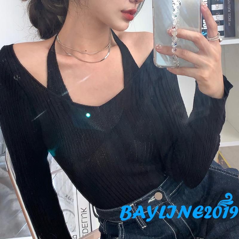 Áo thun dệt kim tay dài màu sắc thời trang cho nữ