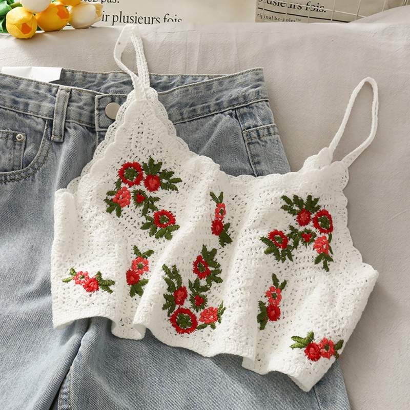 Áo Croptop Dệt Kim Không Tay Thêu Hoa Xinh Xắn Thời Trang Đi Biển Cho Bạn Gái