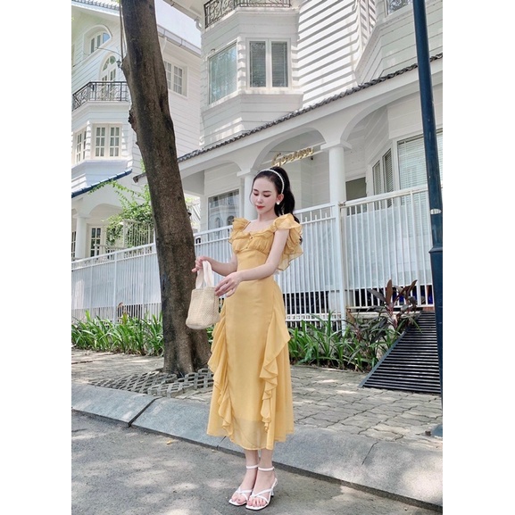 Đầm tơ cổ bèo vuông nút bọc cao cấp loại 1 | BigBuy360 - bigbuy360.vn