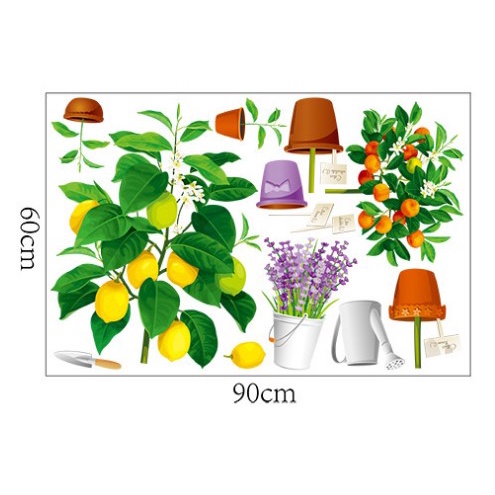Tranh dán tường Hình nền chậu hoa quả KT 97x83cm, Tranh 3D trang trí phòng khách