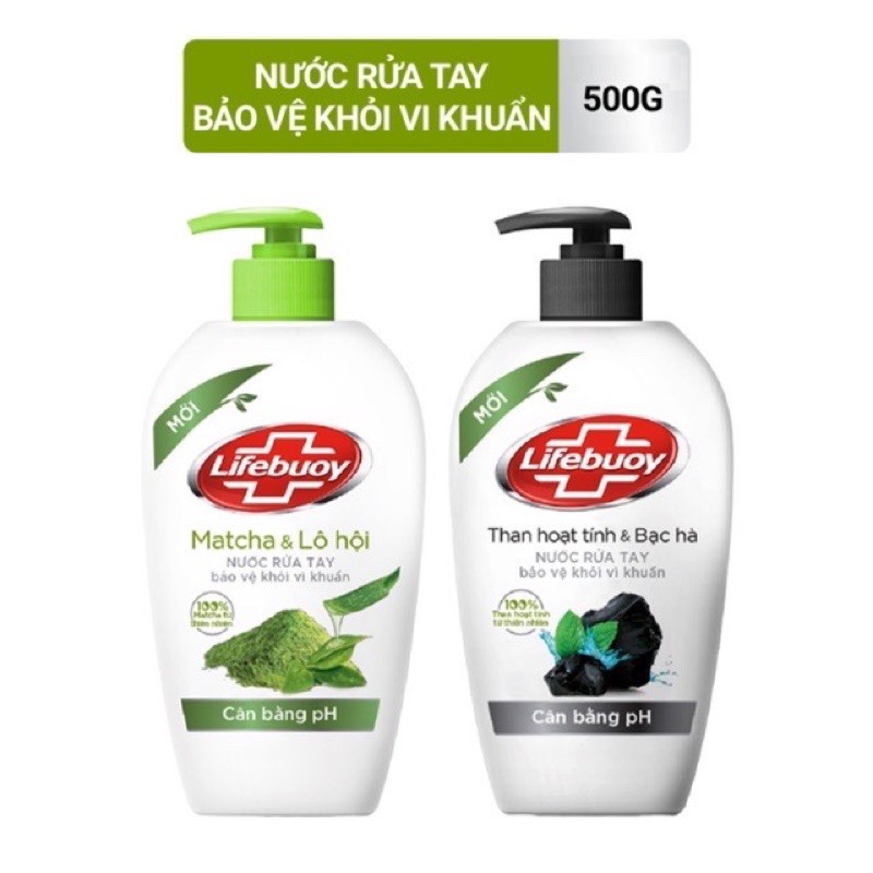 [LIFEBOUY] Nước Rửa Tay Lifebouy Cân Bằng PH Than Hoạt Tính Bạc Hà/ Matcha và Lô Hội - 500gr