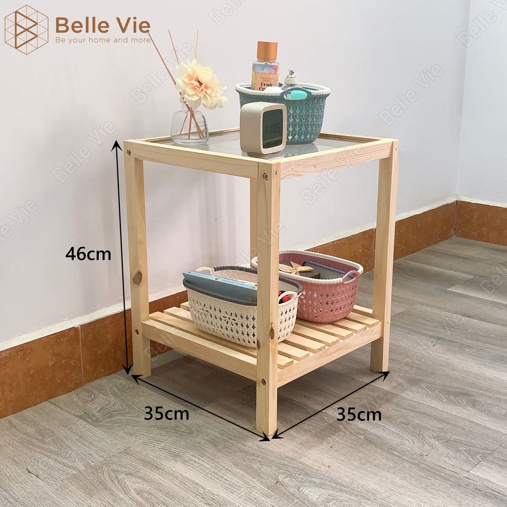 Kệ Đầu Giường Khung Gỗ Mặt Kính 2 Tầng BELLEVIE Kệ Gỗ Tab Đầu Giường Mặt Kính Glass Shelf