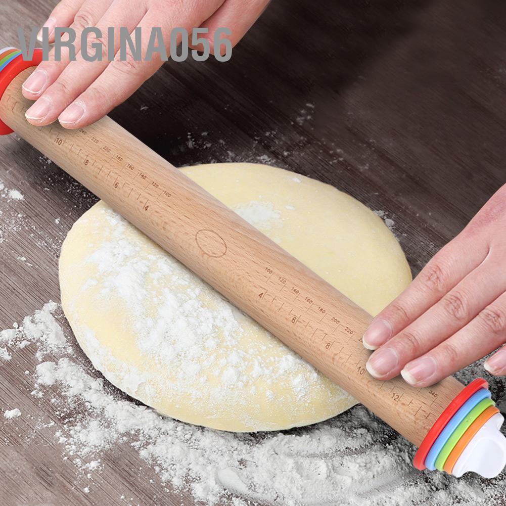 Virgina056 Wood Adjustable Thickness Rolling Pin Flour Stick Dough Rollers Handle with Scale for Kitchen/Bakery