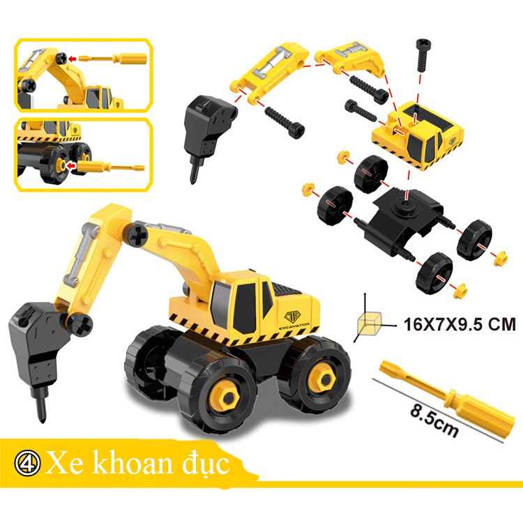 Bộ đồ chơi lắp ráp xe công trình gồm 6 xe kèm hộp đựng, tua vít, nhựa nguyên sinh kích thích tính thực hành của bé -KAVY