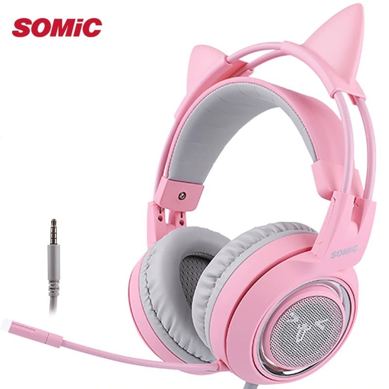 Tai nghe tai mèo SOMIC G951S Màu Hồng Khử tiếng ồn Tai nghe chơi game Có dây Có Microphone Có Rung Jack 3.5mm