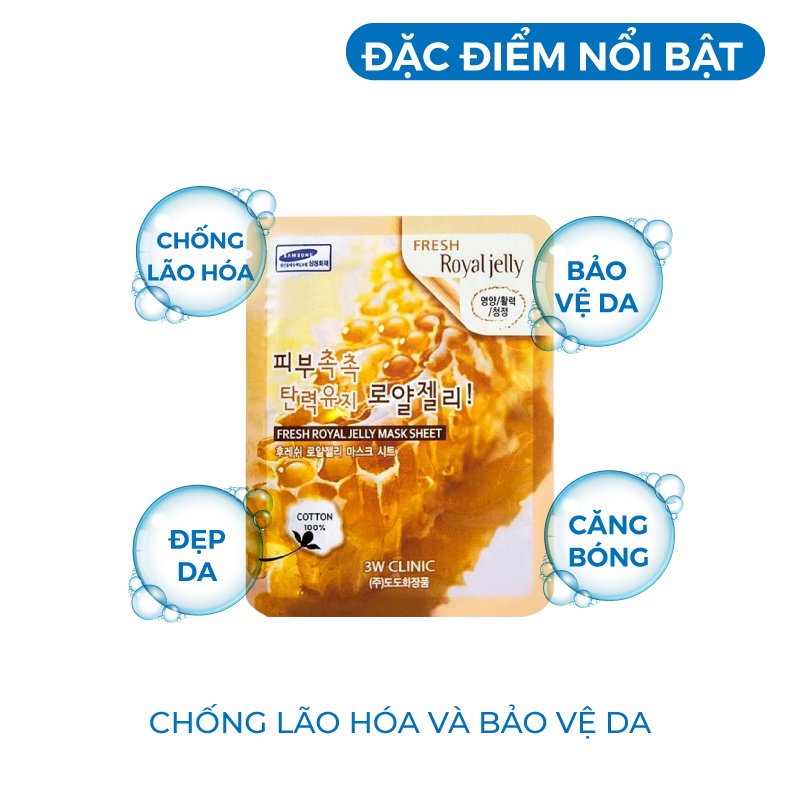 [Lẻ Miếng] Mặt Nạ Ong - Mặt nạ giấy dưỡng trắng da dưỡng ẩm chiết xuất từ sữa ong chúa 3W Clinic Hàn Quốc 23ml