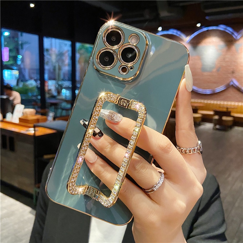 Ốp điện thoại hình vuông đính đá lấp lánh sang trọng chống sốc kèm giá đỡ thích hợp cho iPhone 13 12 11 Pro Max