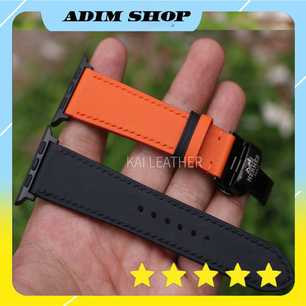 Dây da đồng hồ Apple watch, chất liệu da Swift Pháp - Đen phối cam - Khâu tay thủ công - Bảo hành 12 tháng