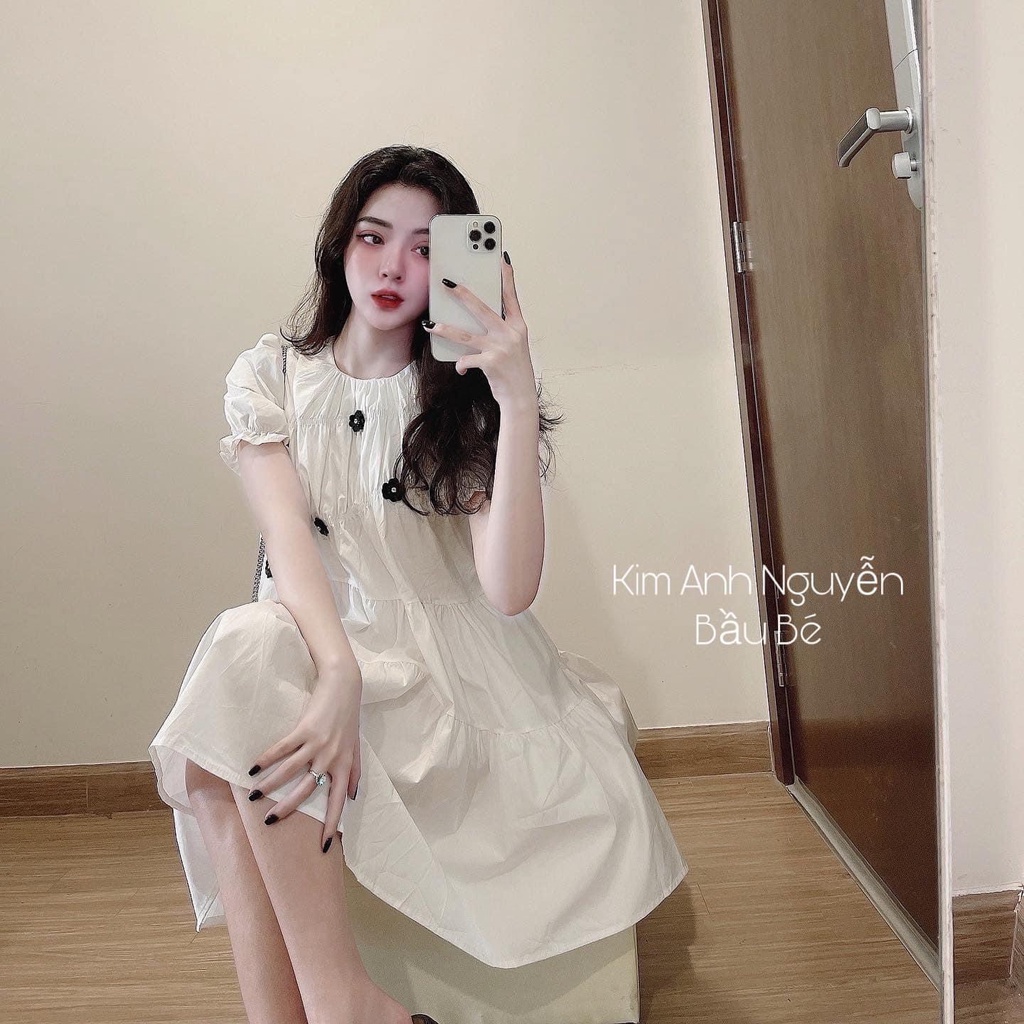 ( Ảnh thật):Váy thô trắng đính hoa dáng baby doll bầu bí mặc thoải mái form xinh tiểu thư