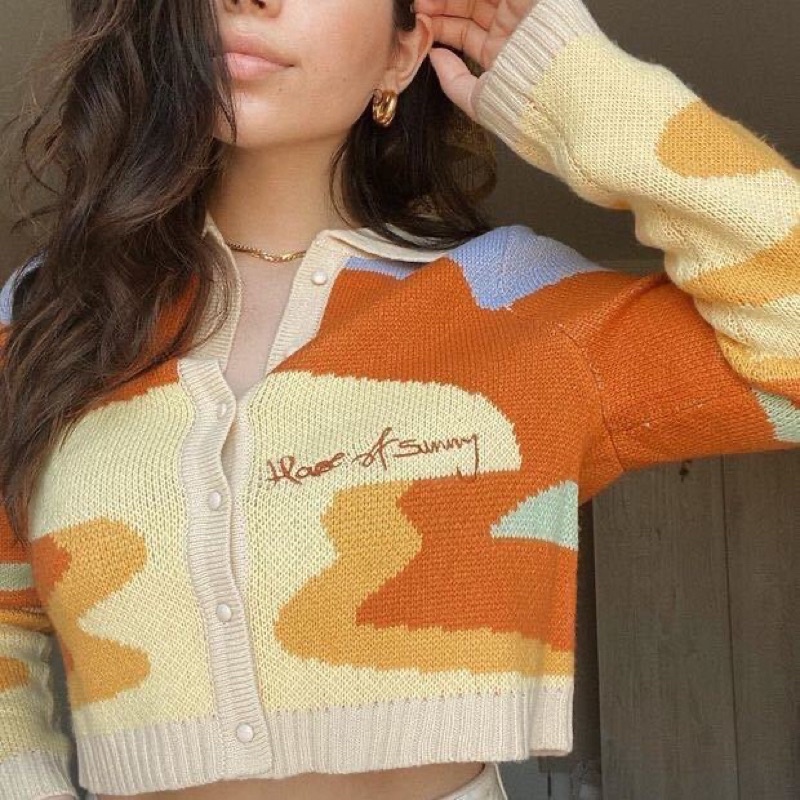 Áo len - cardigan polo croptop loang màu tay dài | BigBuy360 - bigbuy360.vn