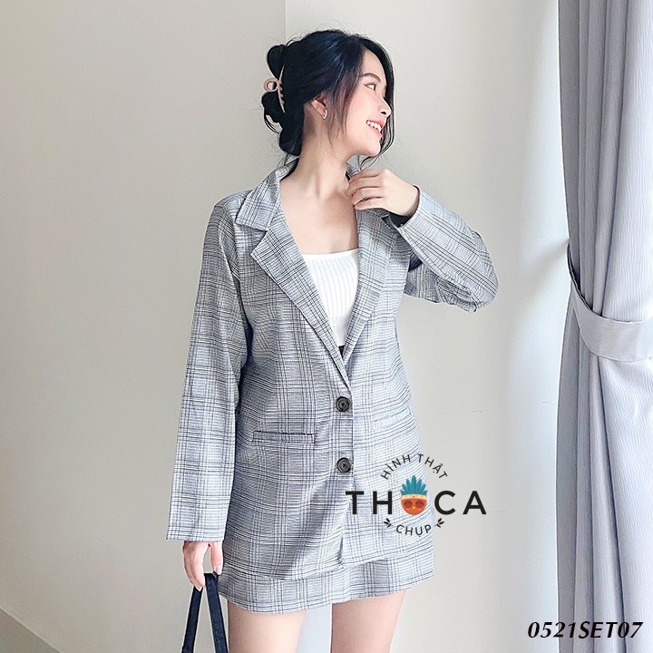 Set blazer khoác vest phối chân váy lưng thun caro xám xanh THOCA HOUSE thanh lịch công sở, sự kiện