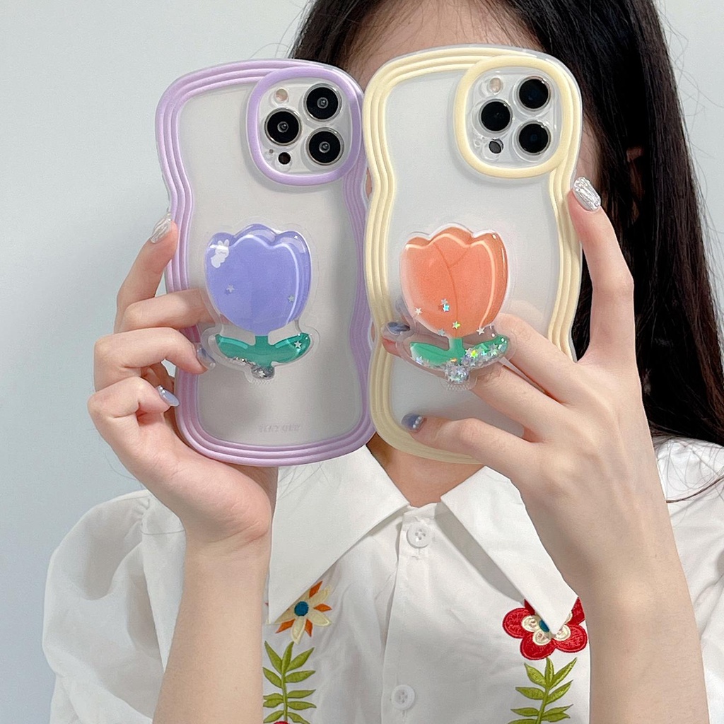 Ốp Điện Thoại Tpu Mềm Trong Suốt Chống Rơi Họa Tiết Hoa Tulip Gắn Giá Đỡ Cho iPhone 11 12 13 pro max xr x xsmax