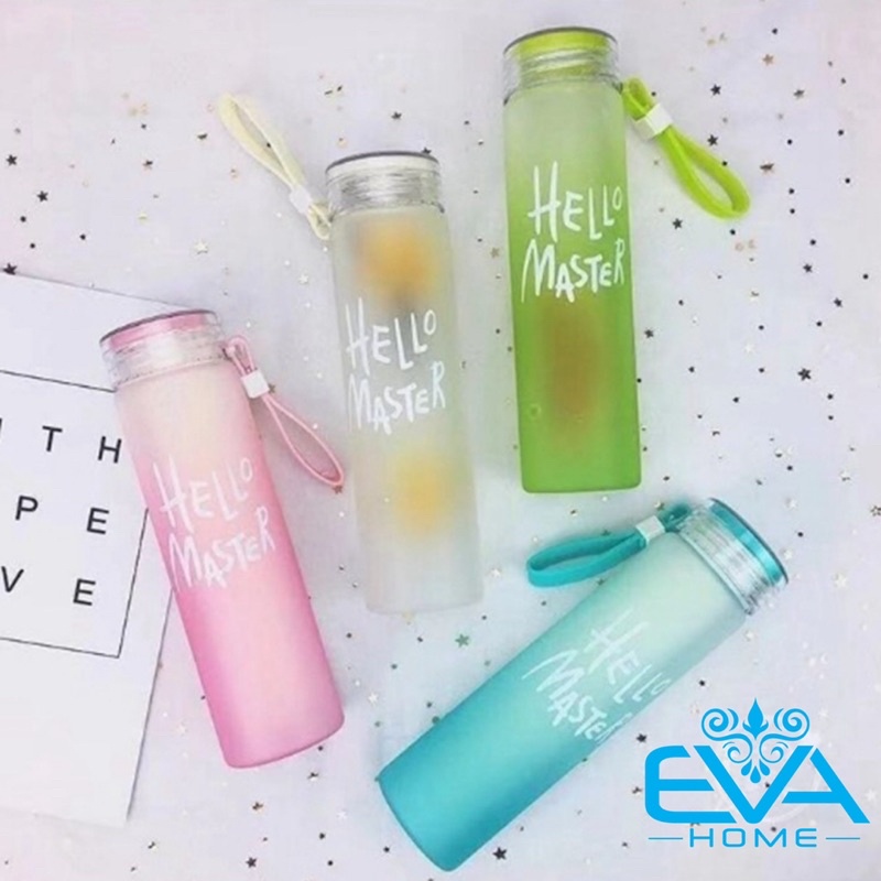 Bình Đựng Nước Thủy Tinh Màu Mờ In Chữ Hello Master Kèm Dây Xách 450 Ml
