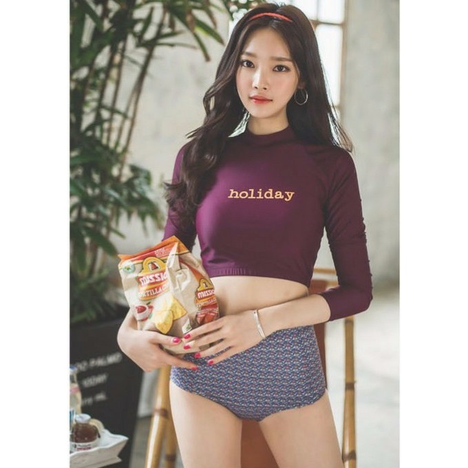 Bikini 2 mảnh dài tay áo đỏ đô hàng Quảng Châu BKN0040K