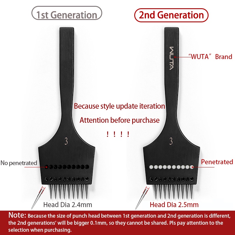 WUTA thế hệ thứ hai Spikes có thể thay thế Spikes sắt có thể tháo rời lỗ tròn đục lỗ thủ công da Dụng cụ da 6 Kích thước tùy chọn