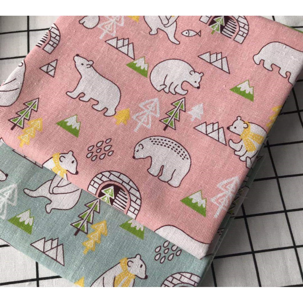 Vải linen họa tiết Gấu hồng nhạt V-H08