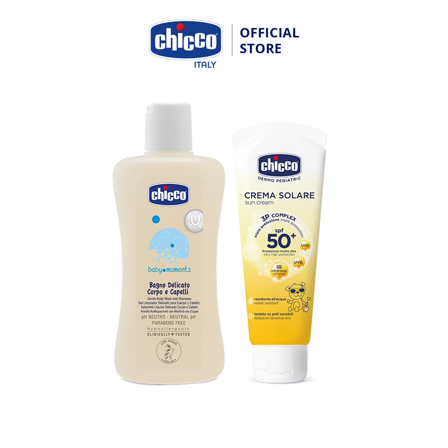 Combo Sữa tắm gội chiết xuất Yến mạch 0M+ 200ml &amp; Kem chống nắng 3 tác động SPF 50+ 75ml Chicco