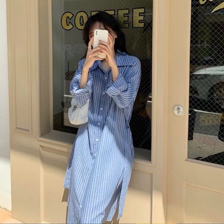 Áo váy sơ mi sọc xanh