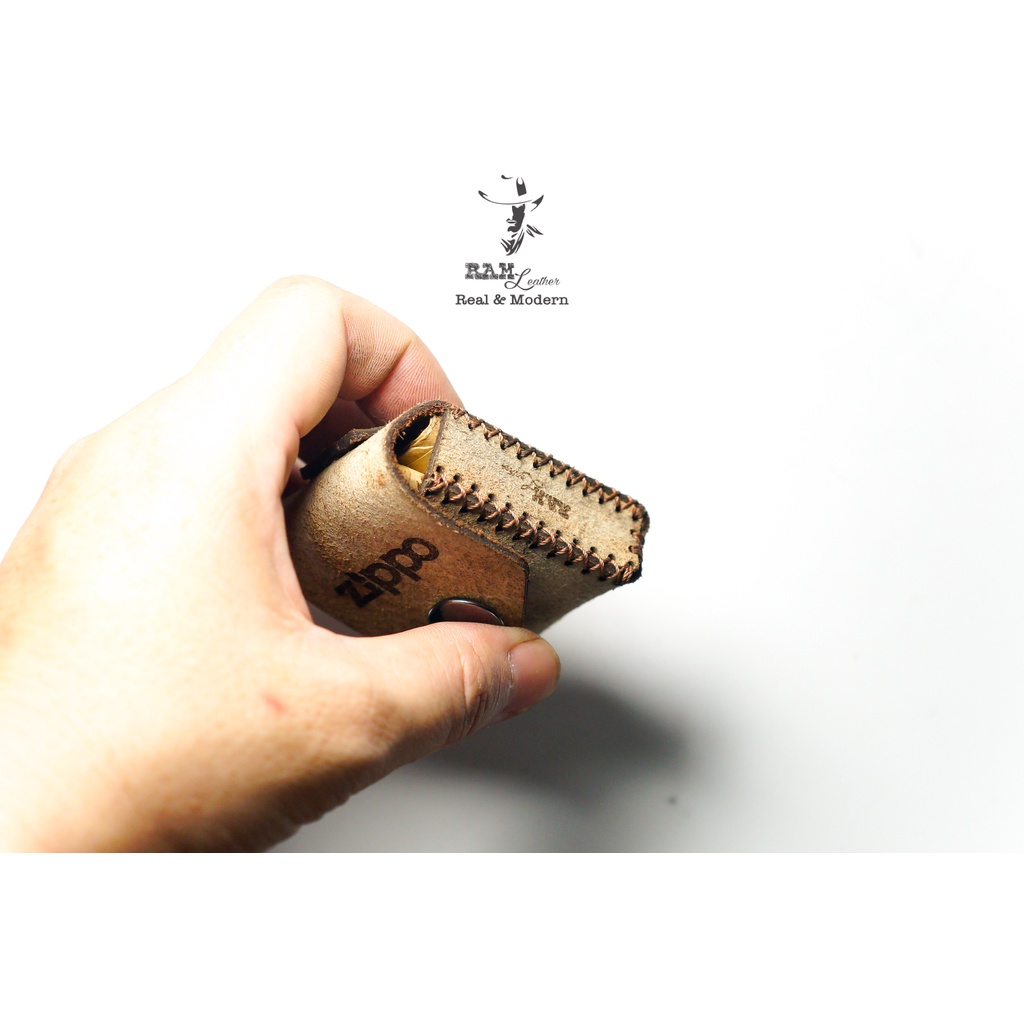 Bao da Zippo Da Bò Lộn Vàng Sáng - Chính Hãng Ram Leather