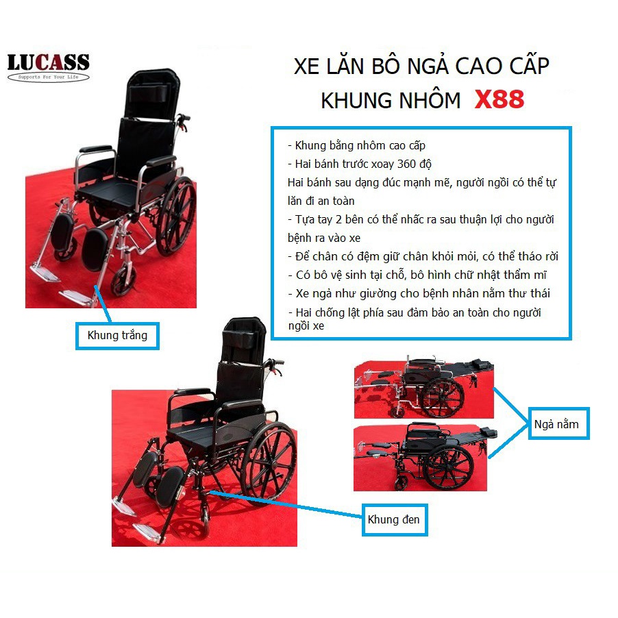 Xe lăn đa năng Lucass X7, bọc da, CÓ BÔ, NGẢ NẰM, BÀN ĂN, gấp gọn, Vật liệu tốt, rất chắc chắn