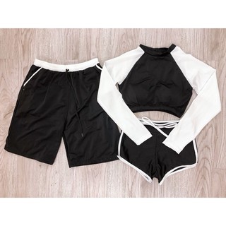 Đồ bơi đôi Bikini đôi áo nữ dài tay trắng đen