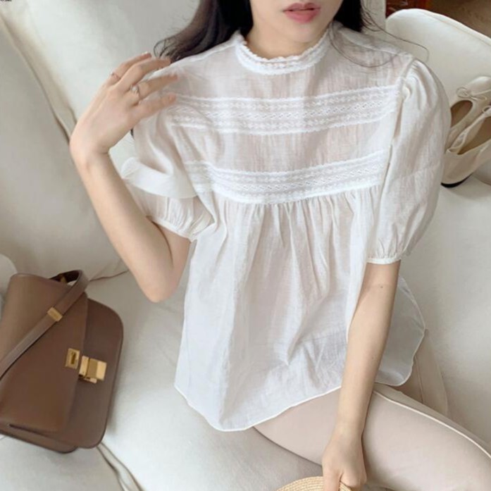 Áo Sơ Mi Tay Ngắn Cổ Búp Bê Phối Ren Phong Cách Hàn Quốc Thời Trang Cho Nữ