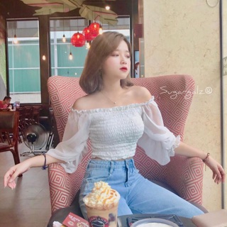 [Ảnh thật khách mặc] Áo Croptop tay voan Seethrough thân chỉ chun - by SugarG