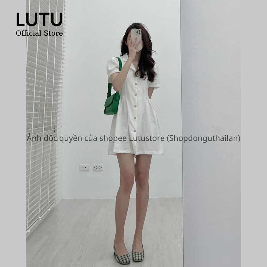 Váy sơ mi tay bồng chiết eo dáng chữ A chất mềm mát phong cách vintage