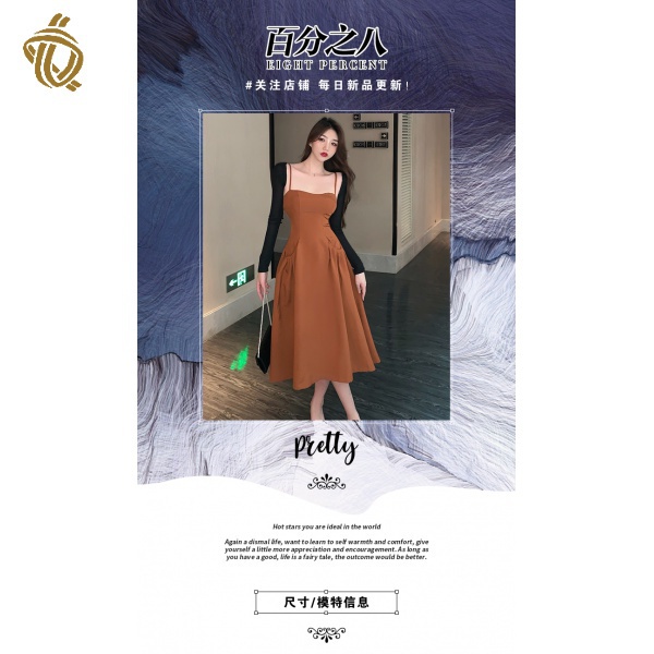 French style sexy collarbone sling dress women's graceful waist-tight figure-showing Midi A- Line dress