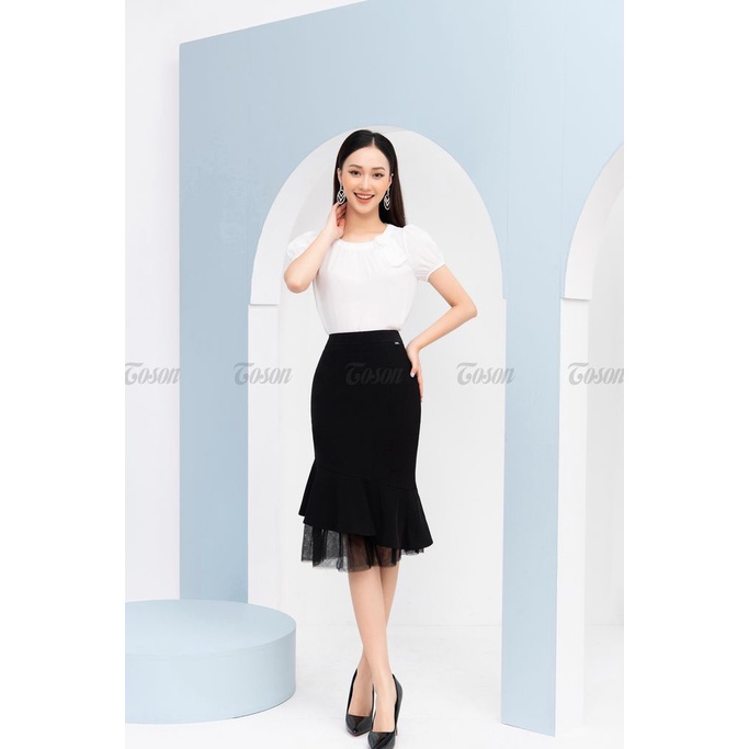 Áo chifon trắng dáng suông cổ tròn đính nơ cườm TOSON 11052W520