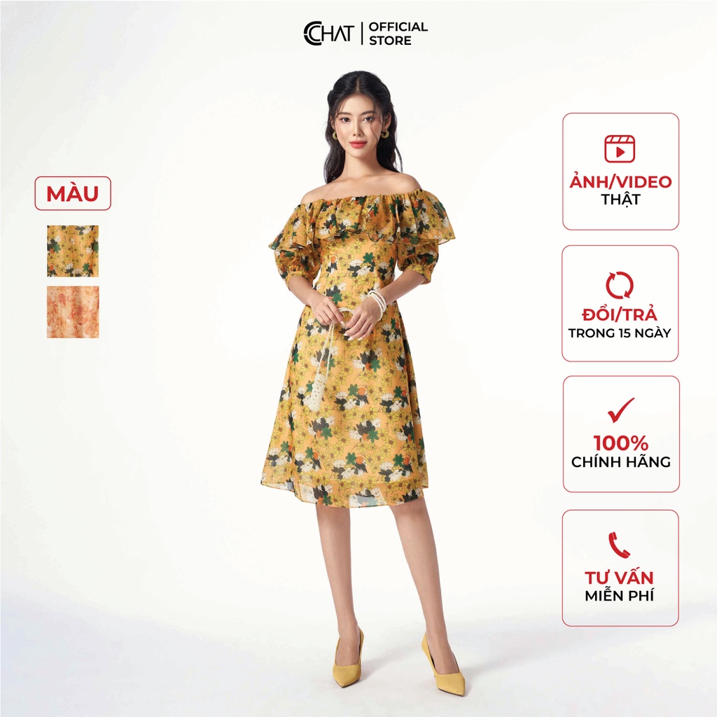 Đầm Nữ 𝐂𝐂𝐇𝐀𝐓 Trễ Vai Họa Tiết Chất Voan Mềm Mại Phong Cách Trẻ Trung 12VNV5026XT