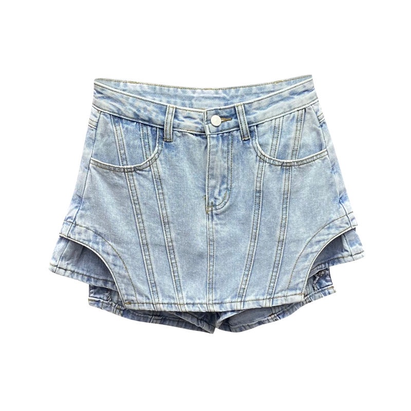 Jiashucheng Quần Culottes Denim Cạp Cao Lệch Tà Giả Hai Mảnh Dáng Chữ a Màu Xanh Nhạt Phong Cách Mới Mùa Xuân Hè @ Rộng