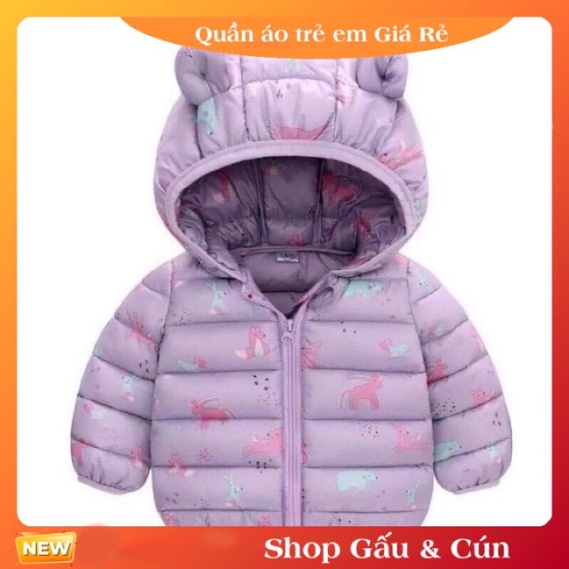 Áo khoác phao cho bé gái Hàng Quảng Châu tai gấu hình chú ngựa pony 15-21kg