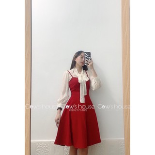 Set yếm đỏ 2s + áo voan lụa thắt nơ cổ