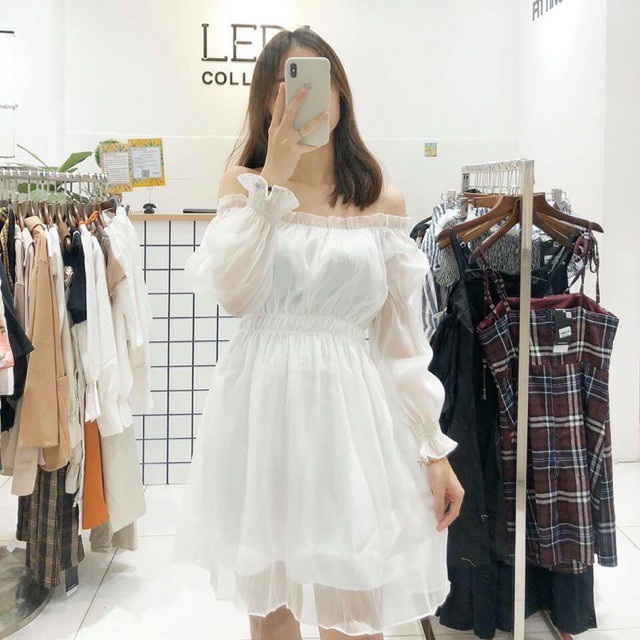 Đầm nhún eo trễ vai tơ gân 2 màu đen trắng- Wali Dress - dáng xòe xinh xắn - Freesize - Pink moon store | BigBuy360 - bigbuy360.vn