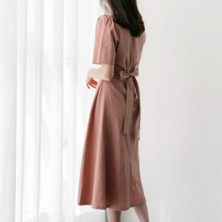 33555   Simple solid round neck short sleeves midi dress