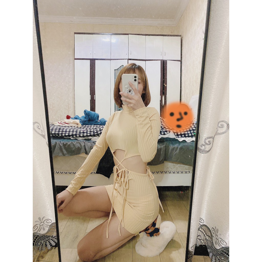 Set váy body dây cột chéo eo