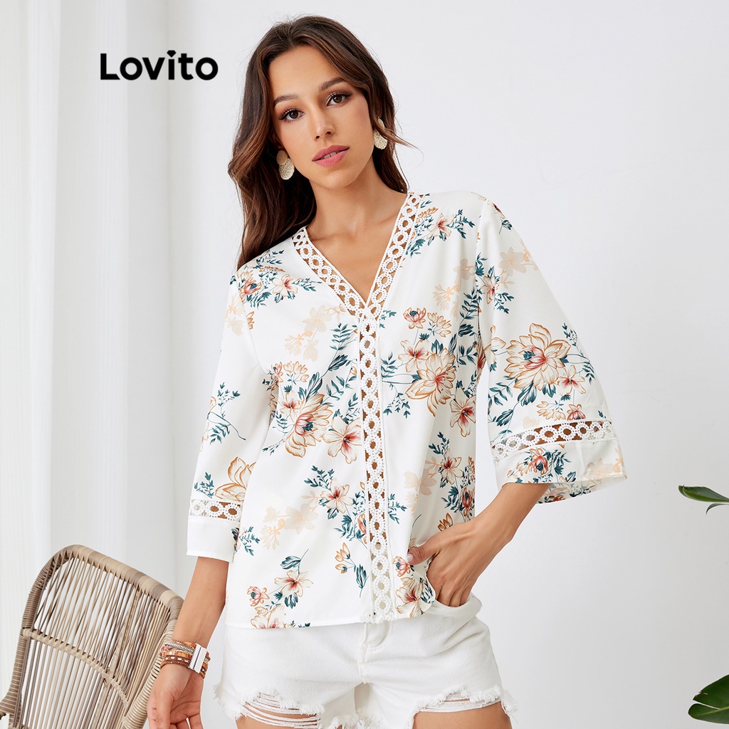 Lovito Boho Áo hoa ren tương phản L24LD111 (Trắng)