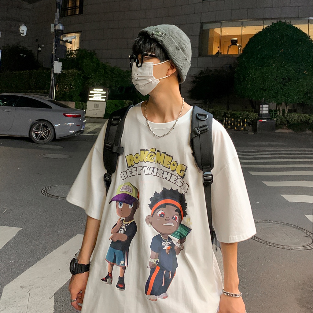 Áo Thun Tay Ngắn Dáng Rộng In Hoạt Hình Kiểu Hồng Kông Thời Trang Mùa Hè Cho Nam