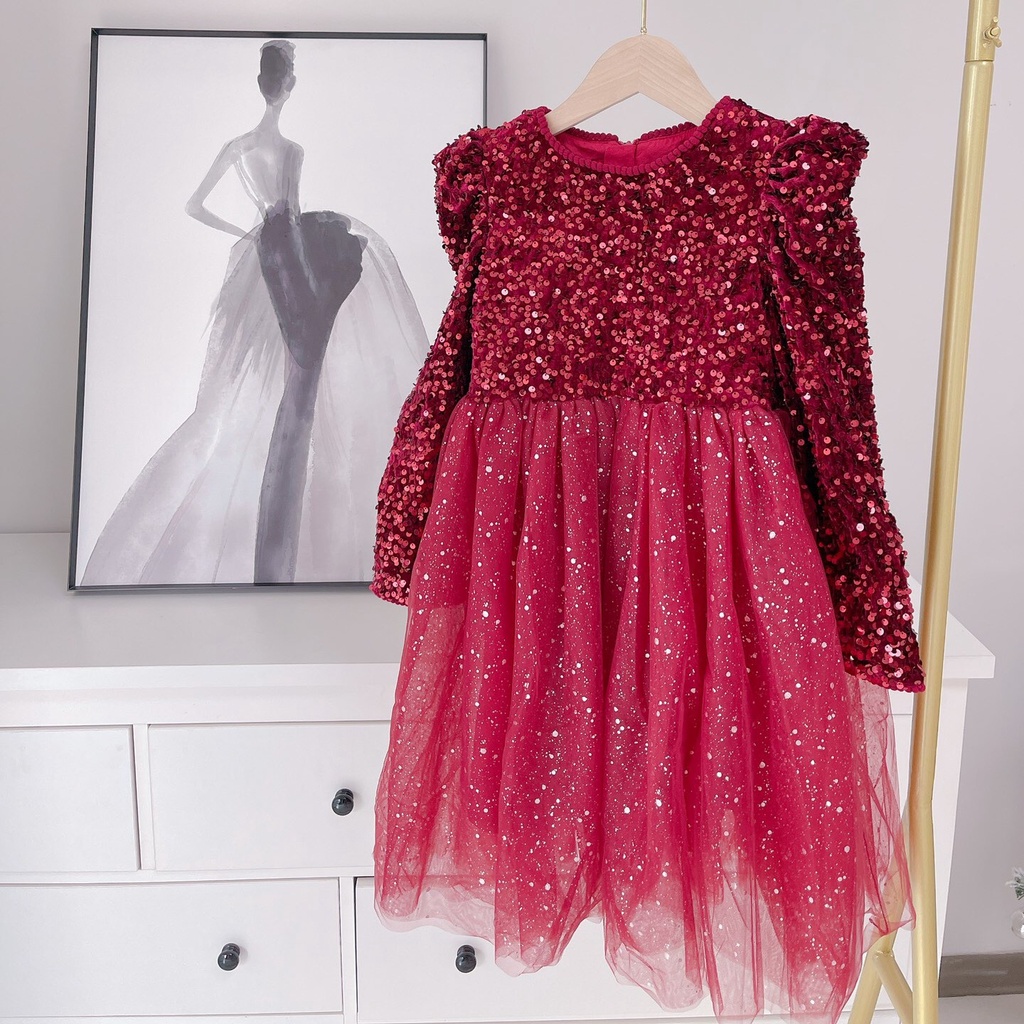 Đầm dự tiệc công chúa tay dài đính kim sa lấp lánh lộng lẫy cho bé gái