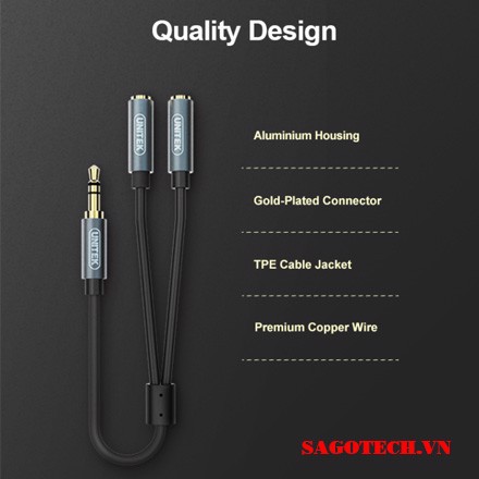 Cáp chia âm thanh từ 1 cổng audio 3.5mm 3 ly sang 2 cổng 3 ly đầu cái dành cho 2 chia sẻ âm thanh UNITEK YC 956abk
