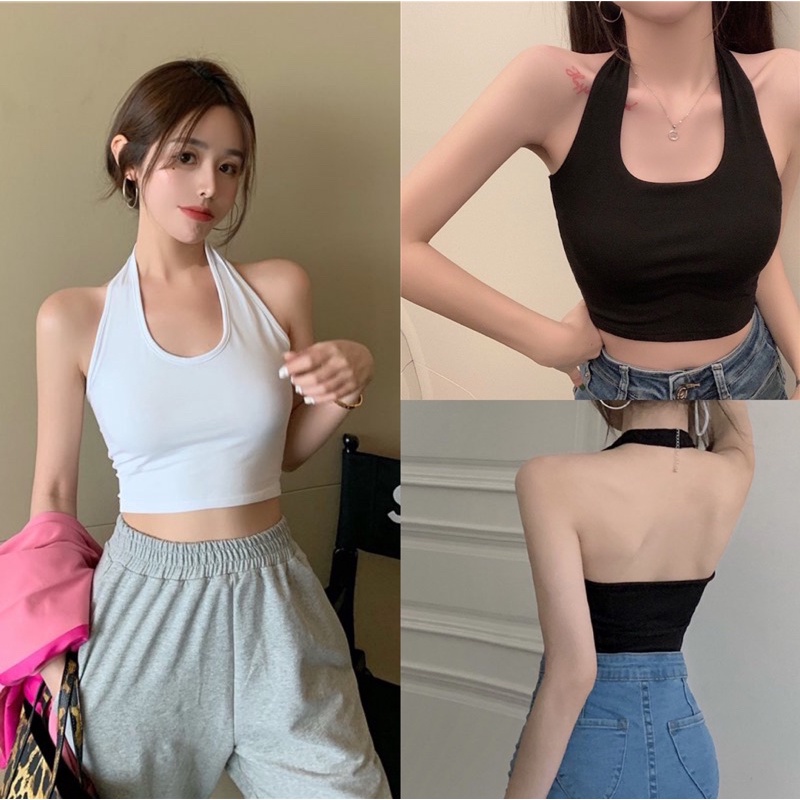 Áo thun croptop ba lỗ cổ yếm hở vai lộ eo đen trắng be freesize phom ôm tôn dáng sexy hàn quốc