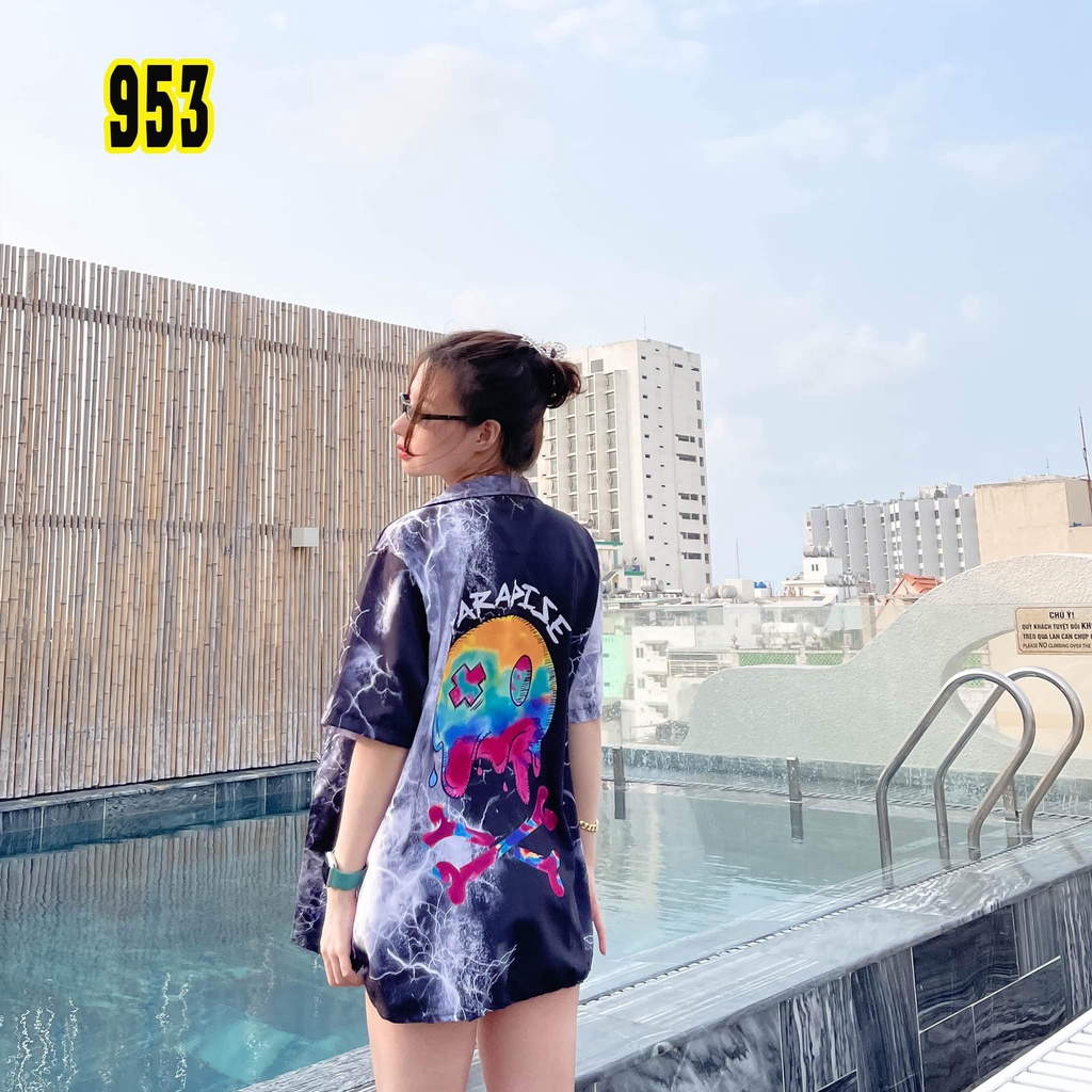 Áo sơ mi lụa nam nữ form rộng tay lở in hình Đầu lâu cực cá tính, chất lụa mềm mịn, thấm hút mồ hôi tốt